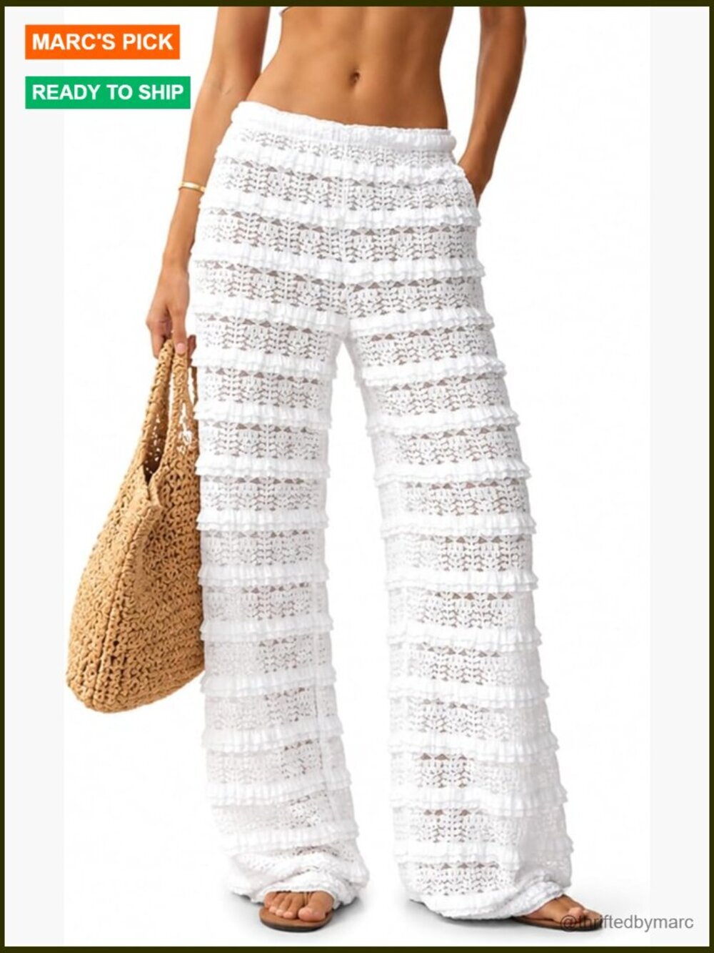 Crochet Lace Mesh Wide Leg Beach Cover Up Pants Elastic Pull On